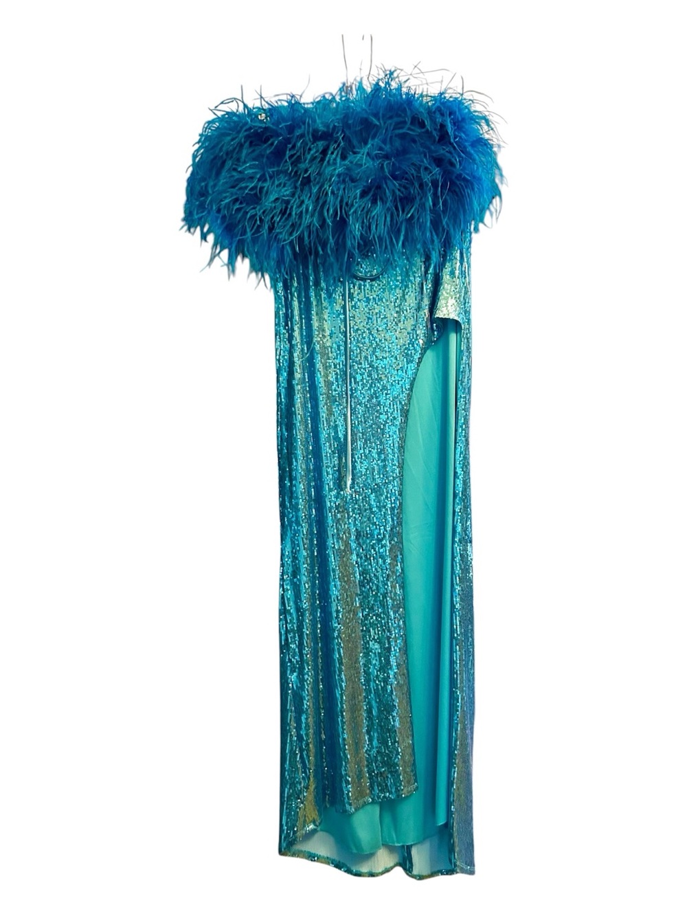 Turquoise Sequin and Feather Trim Gown